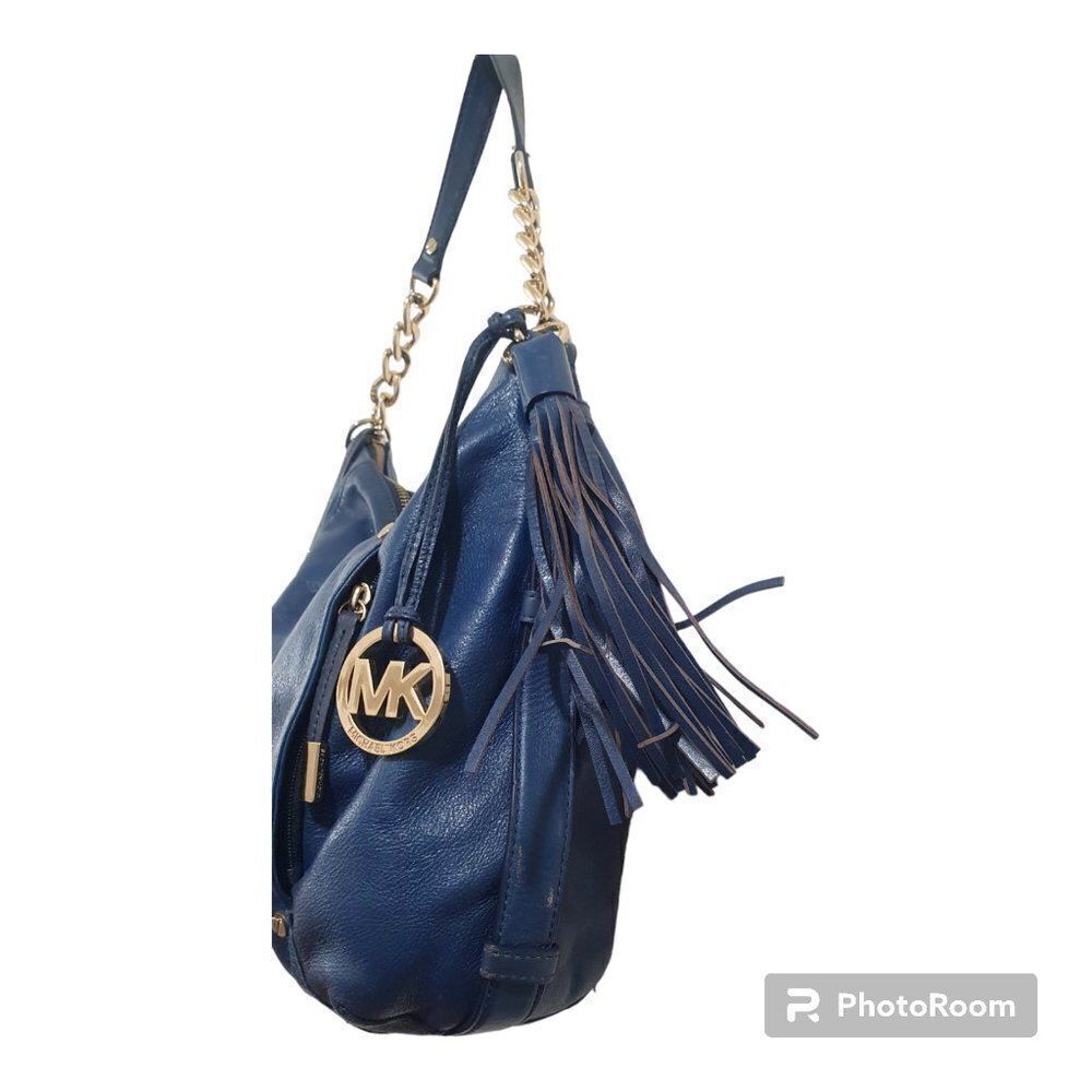 MICHAEL KORS BLUE LEATHER GOLD CHAIN DEVON LARGE SHOULDER TOTE BAG PURSE - Picture 8 of 16